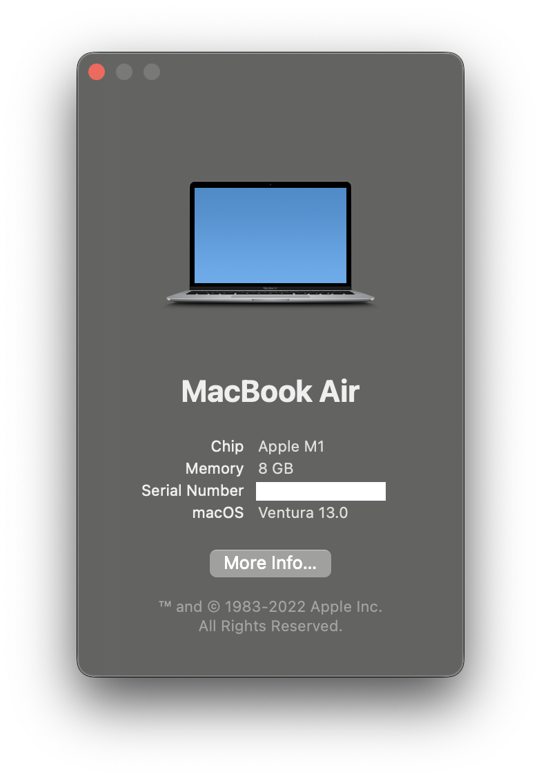 macOS About this Mac Ventura 13 - Dark Mode Look